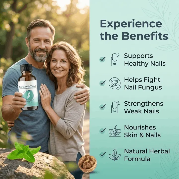 Couple holding Kerassentials bottle after experiencing the benefits for their nails and skin