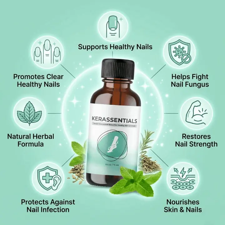 Infographic showing the key benefits of Kerassentials for nails and skin