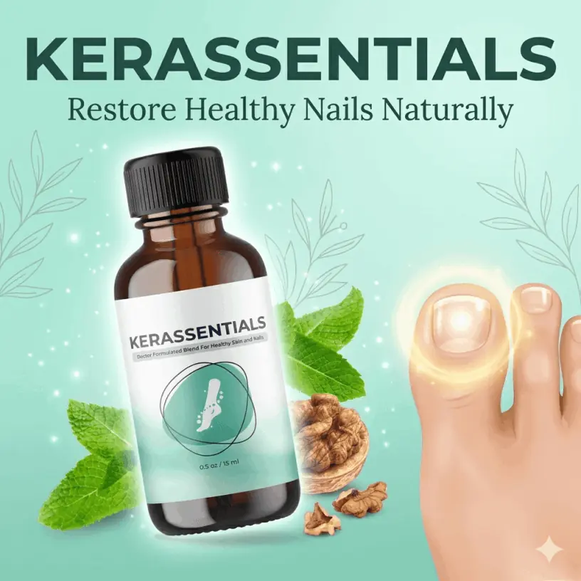 Kerassentials bottle with healthy nail illustration for nail and skin support