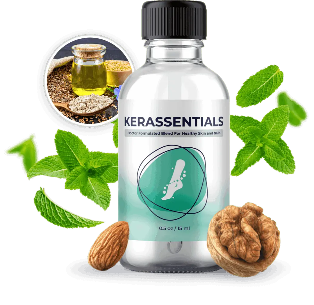 Kerassentials bottle surrounded by natural plant oil ingredients